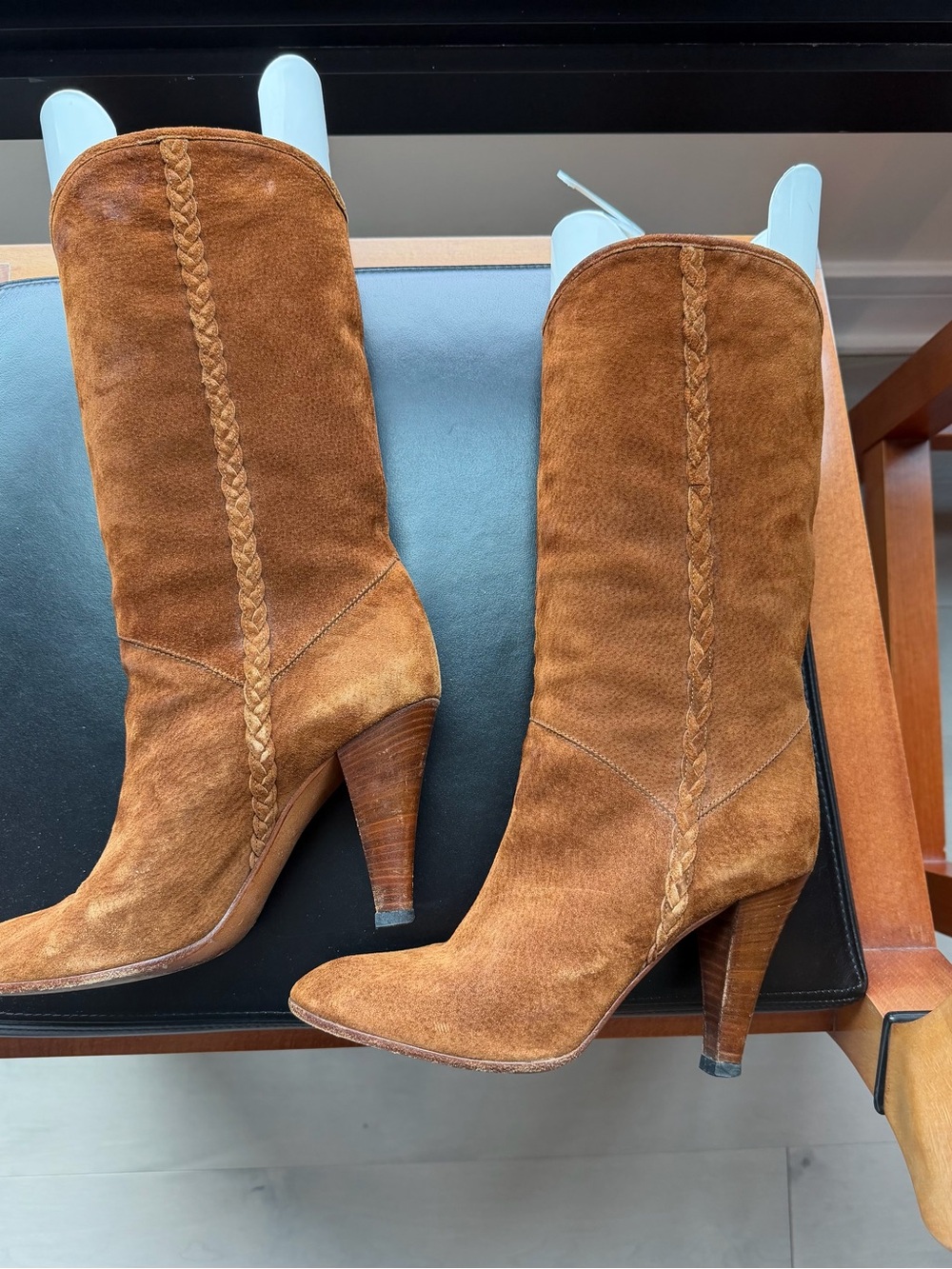 Casadei Chestnut Suede Braided Mid-Calf Heeled Boots